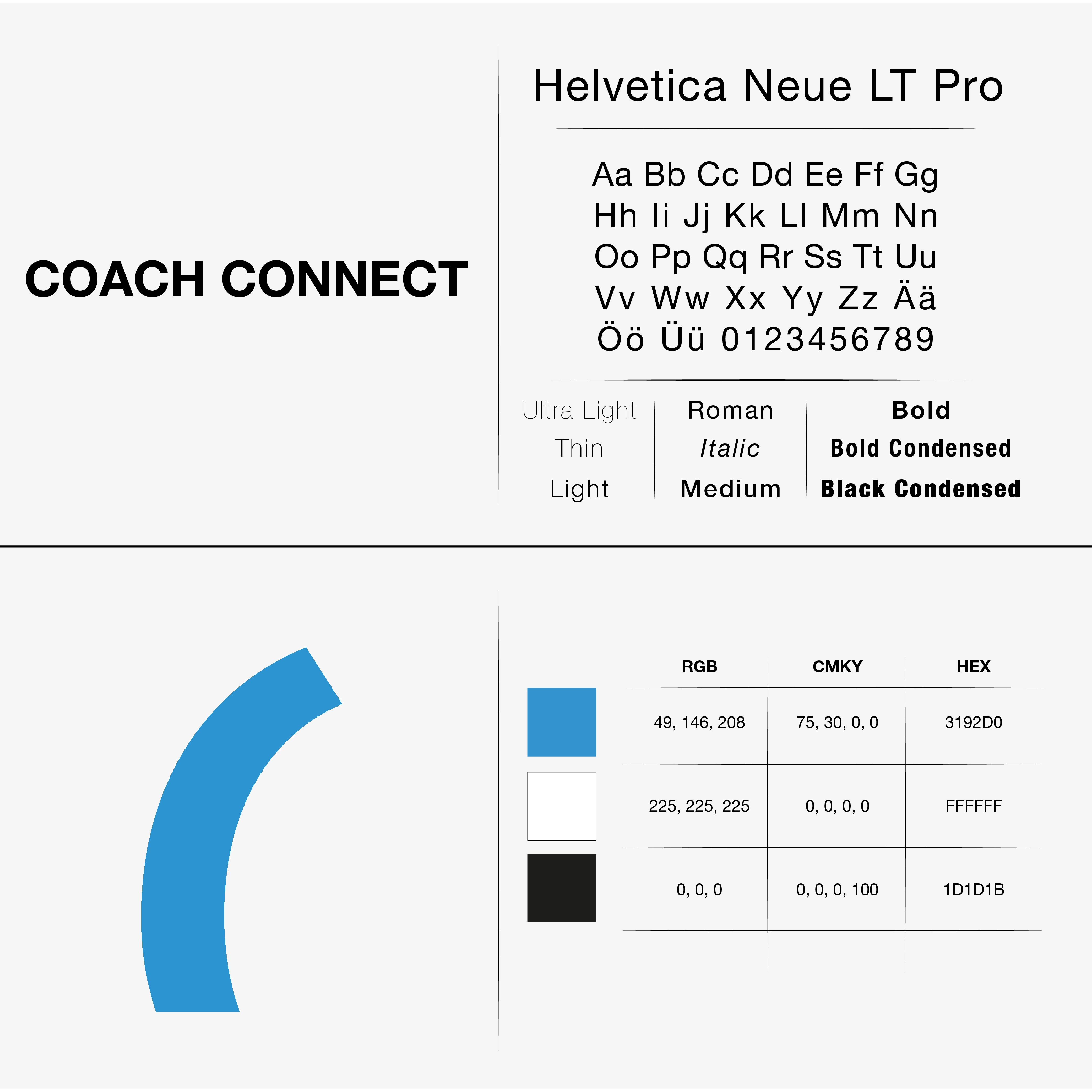 Typografie und Farbpalette von Coach Connect in Blau, Weiß und Schwarz